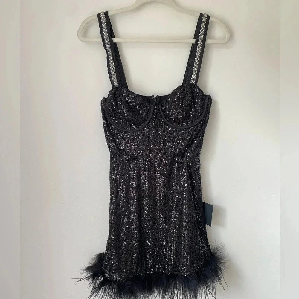 Lulu’s Dress Women’s Medium Glamorous Energy Black Sequin Pearl Bustier Mini NWT - Picture 4 of 11